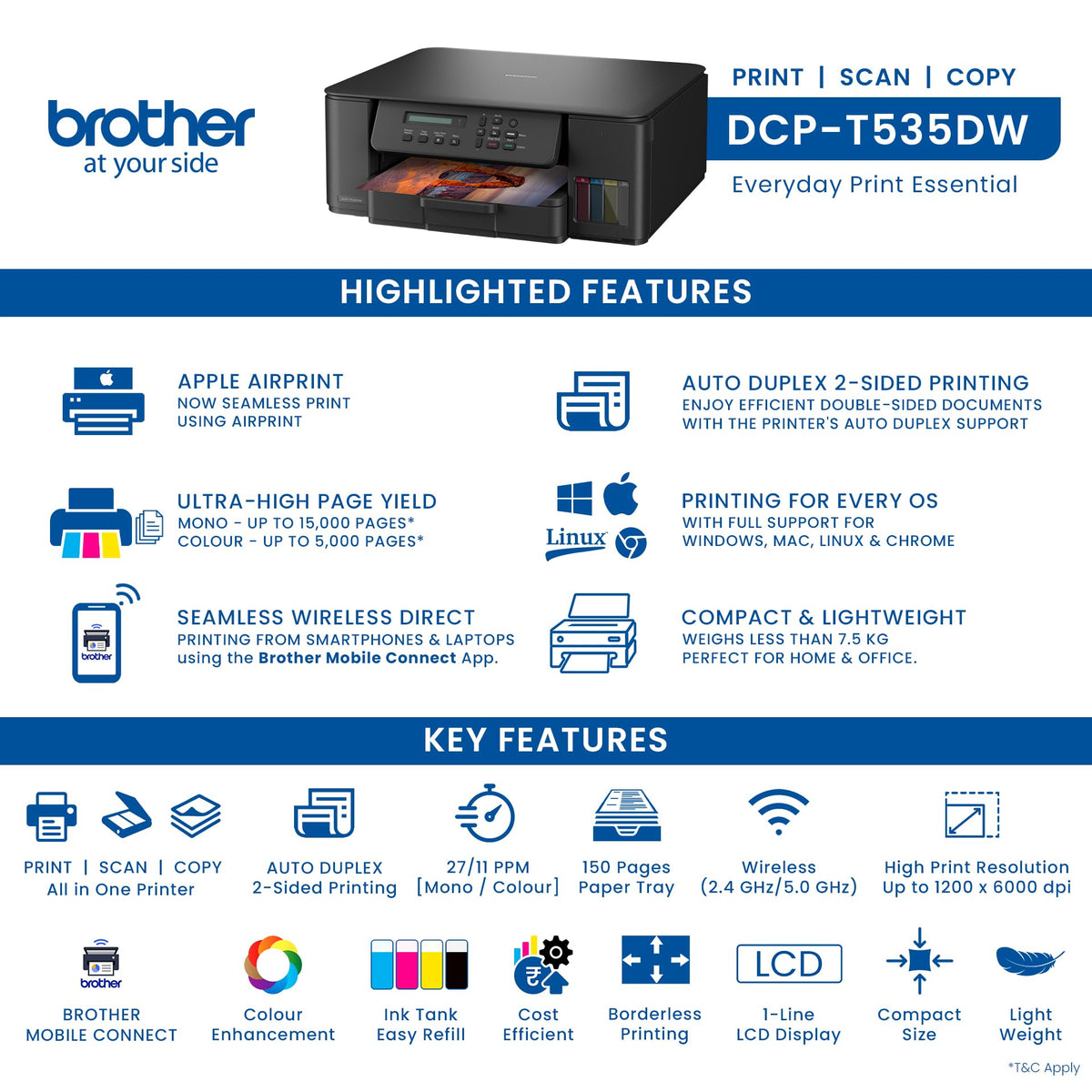 Brother Ink Tank DCP-T535DW New Launch (Print Scan Copy) WiFi Auto Duplex Printer, 128MB Memory, Print Pages Upto 15K in Black & 5K in Color Each (CMY) Get an Extra Black Ink Bottle, Free Installation 
