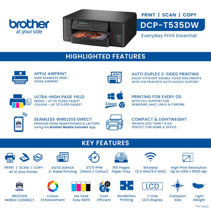 Brother Ink Tank DCP-T535DW New Launch (Print Scan Copy) WiFi Auto Duplex Printer, 128MB Memory, Print Pages Upto 15K in Black & 5K in Color Each (CMY) Get an Extra Black Ink Bottle, Free Installation 
