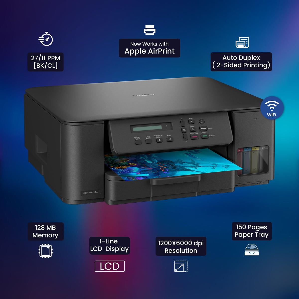 Brother Ink Tank DCP-T535DW New Launch (Print Scan Copy) WiFi Auto Duplex Printer, 128MB Memory, Print Pages Upto 15K in Black & 5K in Color Each (CMY) Get an Extra Black Ink Bottle, Free Installation 