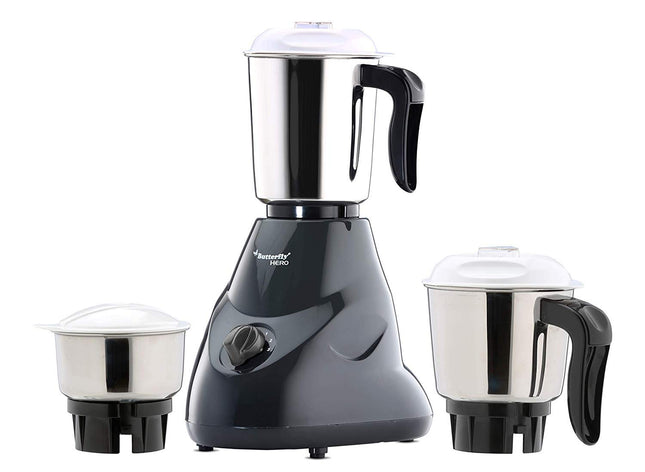 Butterfly Hero 500 Watts Mixer Grinder with 3 Jars | Stainless Steel Multipurpose Jars | ABS Body | Motor Overload Protection | 1 Year Manufacturer's Warranty | Grey 