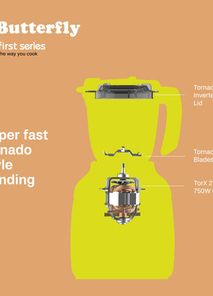 Butterfly ZieraChrome 750 Watt Mixer Grinder | 5 Jars | Uniform Grinding with Tornado Blade & Lid | Long Lasting Annealed SS Jars | Torx21 Motor| Juicer/Blender Jar | 5 Years Warranty 