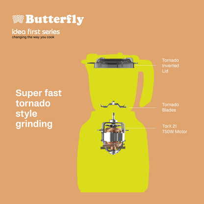 Butterfly ZieraChrome 750 Watt Mixer Grinder | 5 Jars | Uniform Grinding with Tornado Blade & Lid | Long Lasting Annealed SS Jars | Torx21 Motor| Juicer/Blender Jar | 5 Years Warranty 