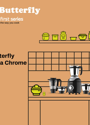 Butterfly ZieraChrome 750 Watt Mixer Grinder | 5 Jars | Uniform Grinding with Tornado Blade & Lid | Long Lasting Annealed SS Jars | Torx21 Motor| Juicer/Blender Jar | 5 Years Warranty 