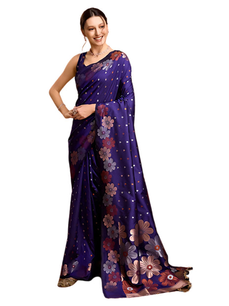 C J Enterprise Women's Banarasi Saree Pure Kanjivaram Silk Saree Soft Design Wear Pattu Sarees Latest Cotton With Blouse Piece Kanchipuram for Wedding sadi new ladies 2025 (Champa-51) (Navy Blue) 