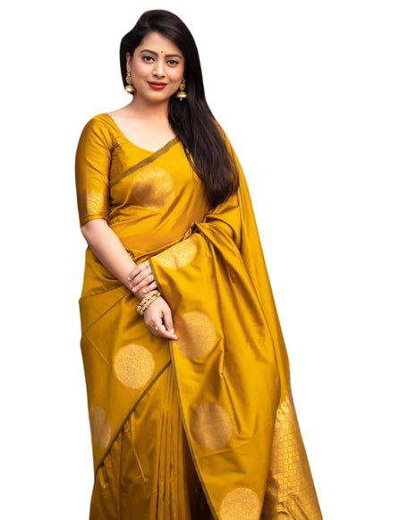 C J Enterprise Women's Banarasi Saree Pure Kanjivaram Silk Saree Soft Design Wear Pattu Sarees Latest Cotton With Blouse Piece Kanchipuram for Wedding sadi new ladies 2025 (KeriGola-51) (Yellow) 
