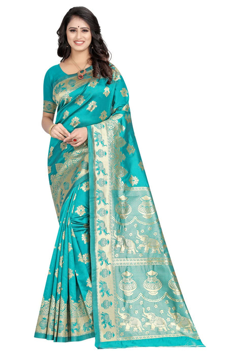 C J Enterprise Women's Pure Kanjivaram Soft Silk Saree Banarasi Design Wear Pattu Sarees Latest Party Cotton Sari collections With Blouse Piece for Wedding sadi new ladies 2025 (Pari9016-51) (Firozi) 