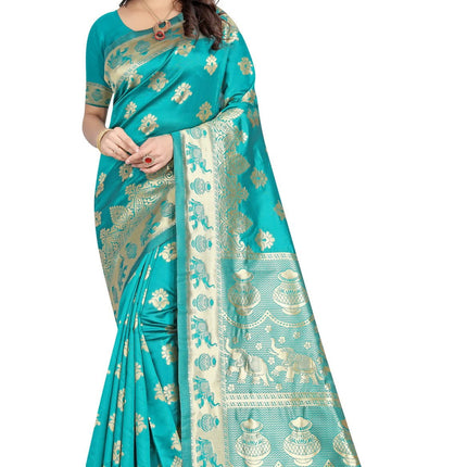 C J Enterprise Women's Pure Kanjivaram Soft Silk Saree Banarasi Design Wear Pattu Sarees Latest Party Cotton Sari collections With Blouse Piece for Wedding sadi new ladies 2025 (Pari9016-51) (Firozi) 