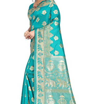 C J Enterprise Women's Pure Kanjivaram Soft Silk Saree Banarasi Design Wear Pattu Sarees Latest Party Cotton Sari collections With Blouse Piece for Wedding sadi new ladies 2025 (Pari9016-51) (Firozi) 