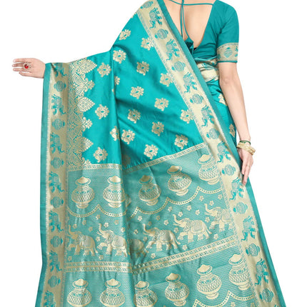 C J Enterprise Women's Pure Kanjivaram Soft Silk Saree Banarasi Design Wear Pattu Sarees Latest Party Cotton Sari collections With Blouse Piece for Wedding sadi new ladies 2025 (Pari9016-51) (Firozi) 