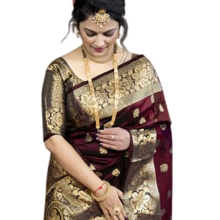 C J Enterprise Women's Pure Soft Kanjivaram Silk Saree For Wedding Banarasi Style Sari Silk Sarees With Blouse Piece (Vruksh-50) (Maroon) 