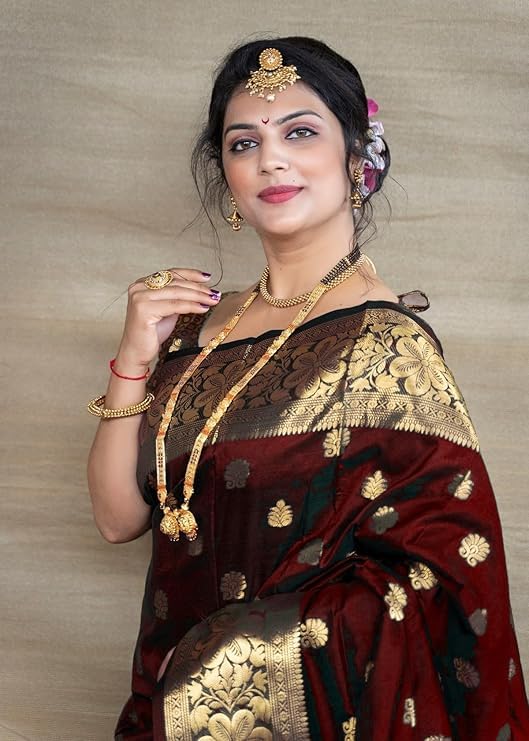 C J Enterprise Women's Pure Soft Kanjivaram Silk Saree For Wedding Banarasi Style Sari Silk Sarees With Blouse Piece (Vruksh-50) (Maroon) 