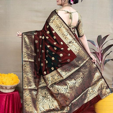 C J Enterprise Women's Pure Soft Kanjivaram Silk Saree For Wedding Banarasi Style Sari Silk Sarees With Blouse Piece (Vruksh-50) (Maroon) 