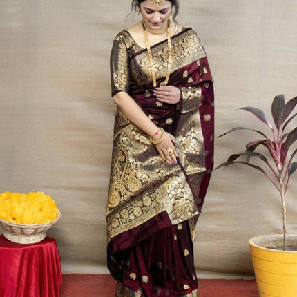 C J Enterprise Women's Pure Soft Kanjivaram Silk Saree For Wedding Banarasi Style Sari Silk Sarees With Blouse Piece (Vruksh-50) (Maroon) 