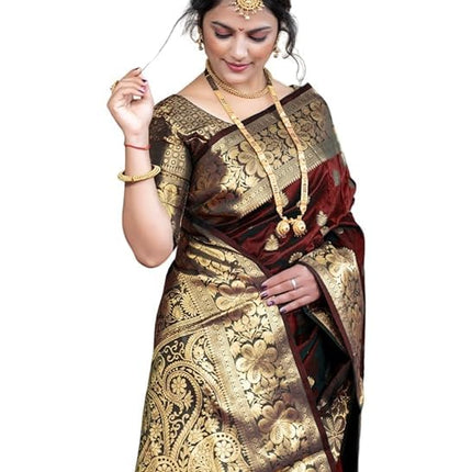 C J Enterprise Women's Pure Soft Kanjivaram Silk Saree For Wedding Banarasi Style Sari Silk Sarees With Blouse Piece (Vruksh-50) (Maroon) 