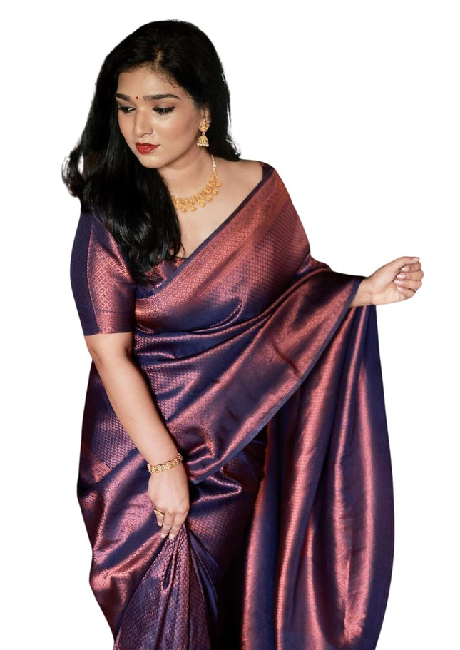 C J Enterprise Women's Pure Soft Kanjivaram Silk Sarees For Wedding Banarasi Pattu Saree With Blouse Piece (Navya-BS16-51) (Navy Blue) 