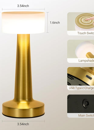 CLAPONE LED Table Lamp – Touch Control with 3 Brightness Levels & 3 Color Modes | Rechargeable Metal Desk Lamp for Bedroom, Nightstand, Living Room, Office & Study Table (Gold White, 1 Pcs) 