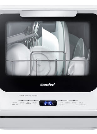 COMFEE' Portable Dishwasher Countertop with 5L Built-in Water Tank, No Hookup Needed, 6 Programs, 360° Dual Spray, 192℉ High-Temp& Air-Dry Function, Mini Dishwasher for RVs, White 