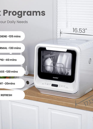 COMFEE' Portable Dishwasher Countertop with 5L Built-in Water Tank, No Hookup Needed, 6 Programs, 360° Dual Spray, 192℉ High-Temp& Air-Dry Function, Mini Dishwasher for RVs, White 