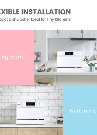 COMFEE’ Portable Mini Dishwasher, Energy Star, Countertop, 6 Place Settings, with 8 Washing Programs, Speed, Baby-Care, ECO& Glass, Dish Washer for Dorm, RV& Apartment, White 