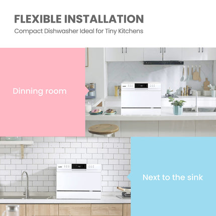 COMFEE’ Portable Mini Dishwasher, Energy Star, Countertop, 6 Place Settings, with 8 Washing Programs, Speed, Baby-Care, ECO& Glass, Dish Washer for Dorm, RV& Apartment, White 