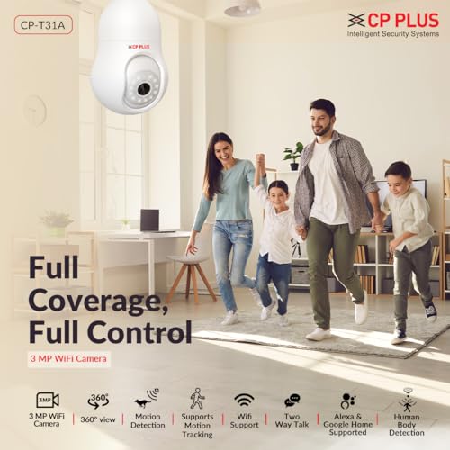 CP PLUS 3 MP Resolution Smart Wi-fi Bulb Security Camera | 360° View | 2 Way Talk | Motion Tracking & Detection Alert | Built-in Siren | Advanced Night Vision | IR Distance 15 Mtr. | CP-T31A 