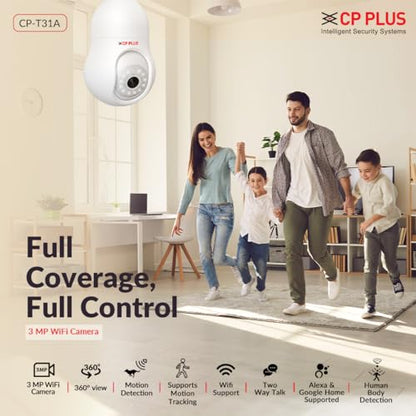 CP PLUS 3 MP Resolution Smart Wi-fi Bulb Security Camera | 360° View | 2 Way Talk | Motion Tracking & Detection Alert | Built-in Siren | Advanced Night Vision | IR Distance 15 Mtr. | CP-T31A 