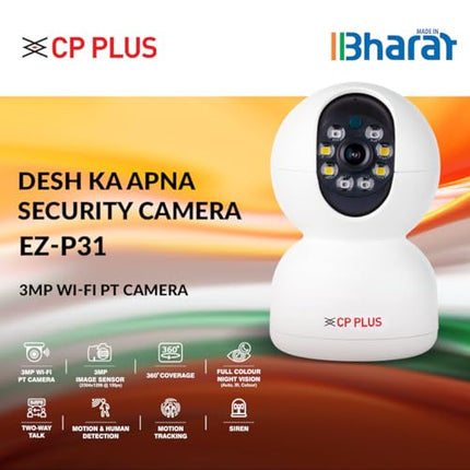 CP PLUS 3MP Smart Wi-fi CCTV Camera | 360° & Full HD Home Security | Full Color Night Vision | 2-Way Talk | Advanced Motion Tracking | SD Card Support (Upto 256GB) | IR Distance 20Mtr | EZ-P31 