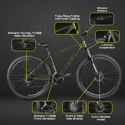 CRADIAC Alpha Lite 21 Speed 6061 Alloy Cycle 29 T 21 Speed Gear Bicycle For Men With Front Lockout Suspension & Dual Disc Brake Mountain Bike | Ideal For 15+ Years, Unisex, 18 Inch, Militorygreen 