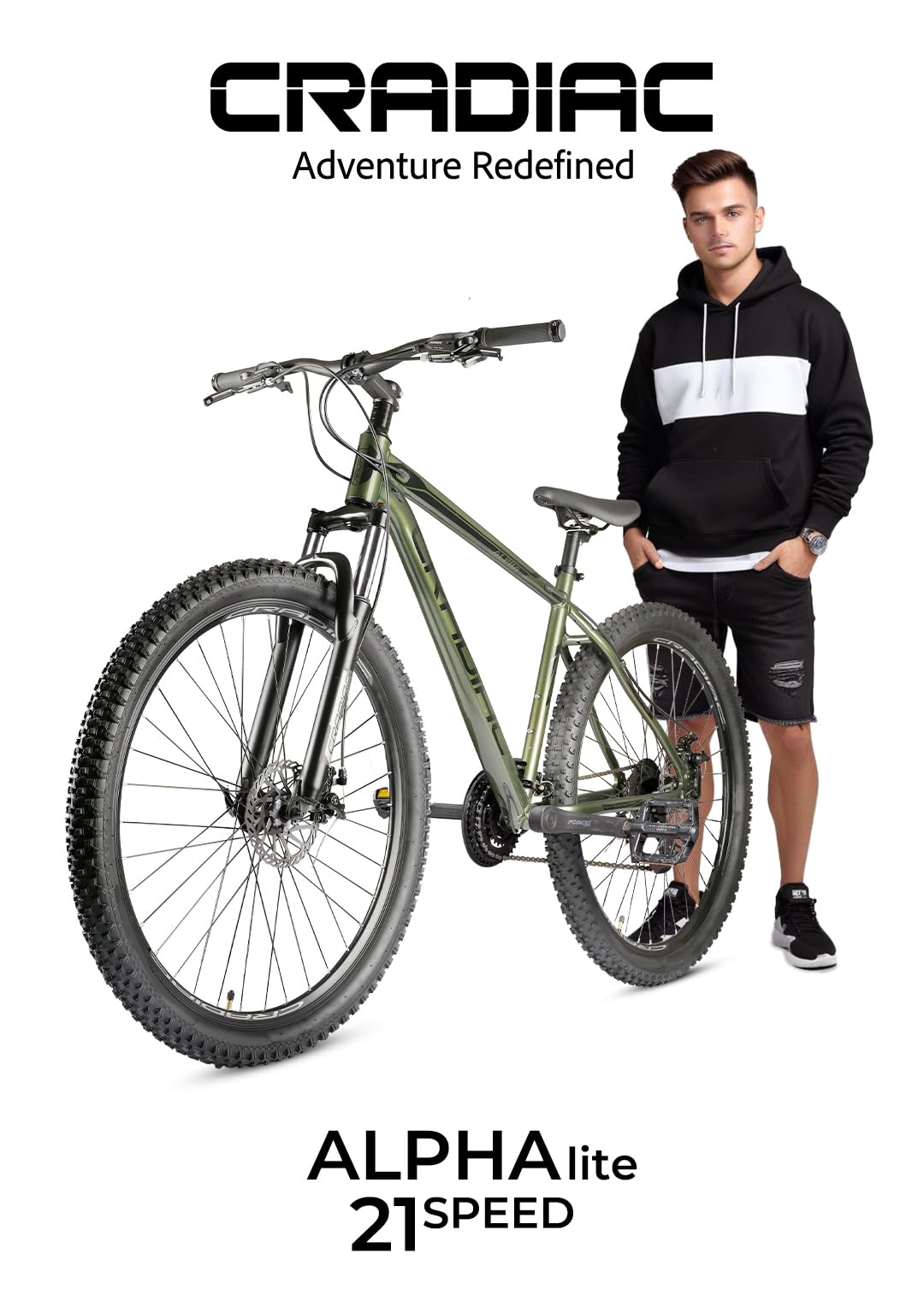 CRADIAC Alpha Lite 21 Speed 6061 Alloy Cycle 29 T 21 Speed Gear Bicycle For Men With Front Lockout Suspension & Dual Disc Brake Mountain Bike | Ideal For 15+ Years, Unisex, 18 Inch, Militorygreen 