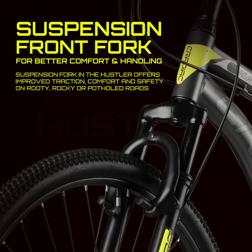 CRADIAC Hustler 7 Speed 26 inch Steel Geared High Performance Mountain Cycle for Men with Front Suspension & Dual disc Brakes | Ideal for 12+ Years, Unisex, Frame Size - 18.5 Inch 