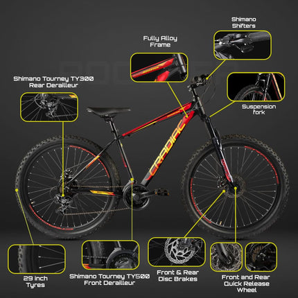 CRADIAC Rooster LITE 21 Speed 6061 Alloy MTB Cycle 29T 21 Speed Gear Bicycle for Men with Front Suspension & Dual Disc Brake Mountain Bike | Ideal for 15+ Years, Unisex, 18 Inch, Black, Red 