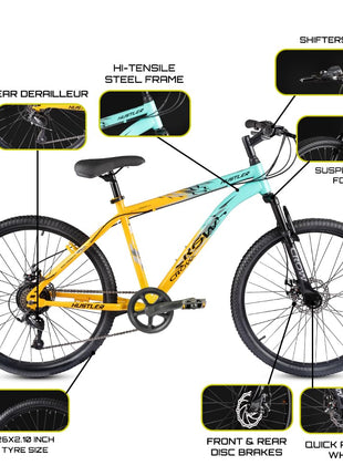 CROW - Hustler 21 Speed Mountain Bike | 21 Gear Cycle | Suspension Fork | Dual Disc Brakes | Hitensile Steel Frame | Ideal for 12+ & 5 to 5.8 FT (Yellow - FOXGRREN, 26 INCH) 