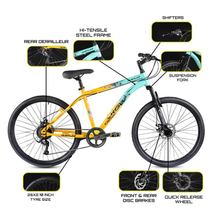 CROW - Hustler 21 Speed Mountain Bike | 21 Gear Cycle | Suspension Fork | Dual Disc Brakes | Hitensile Steel Frame | Ideal for 12+ & 5 to 5.8 FT (Yellow - FOXGRREN, 26 INCH) 