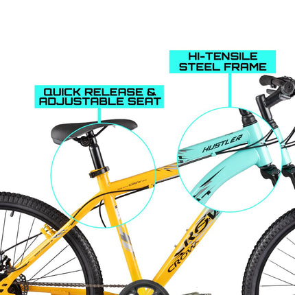 CROW - Hustler 21 Speed Mountain Bike | 21 Gear Cycle | Suspension Fork | Dual Disc Brakes | Hitensile Steel Frame | Ideal for 12+ & 5 to 5.8 FT (Yellow - FOXGRREN, 26 INCH) 