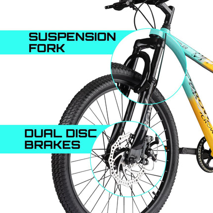 CROW - Hustler 21 Speed Mountain Bike | 21 Gear Cycle | Suspension Fork | Dual Disc Brakes | Hitensile Steel Frame | Ideal for 12+ & 5 to 5.8 FT (Yellow - FOXGRREN, 26 INCH) 