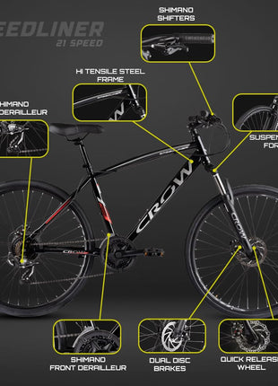 CROW - SPEEDLINER 21 Speed | 700 * 35C Hybrid | 21 Speed Gear Cycle | Dual Disc Brakes | Suspension Fork | HITENSILE Steel Frame | Ideal for Girls/Boys/Men 