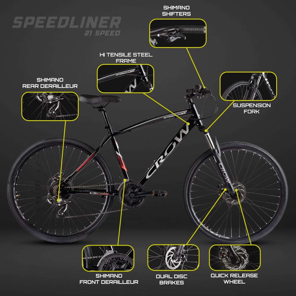 CROW - SPEEDLINER 21 Speed | 700 * 35C Hybrid | 21 Speed Gear Cycle | Dual Disc Brakes | Suspension Fork | HITENSILE Steel Frame | Ideal for Girls/Boys/Men 