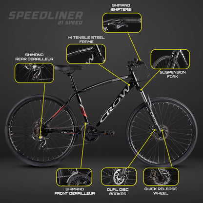 CROW - SPEEDLINER 21 Speed | 700 * 35C Hybrid | 21 Speed Gear Cycle | Dual Disc Brakes | Suspension Fork | HITENSILE Steel Frame | Ideal for Girls/Boys/Men 