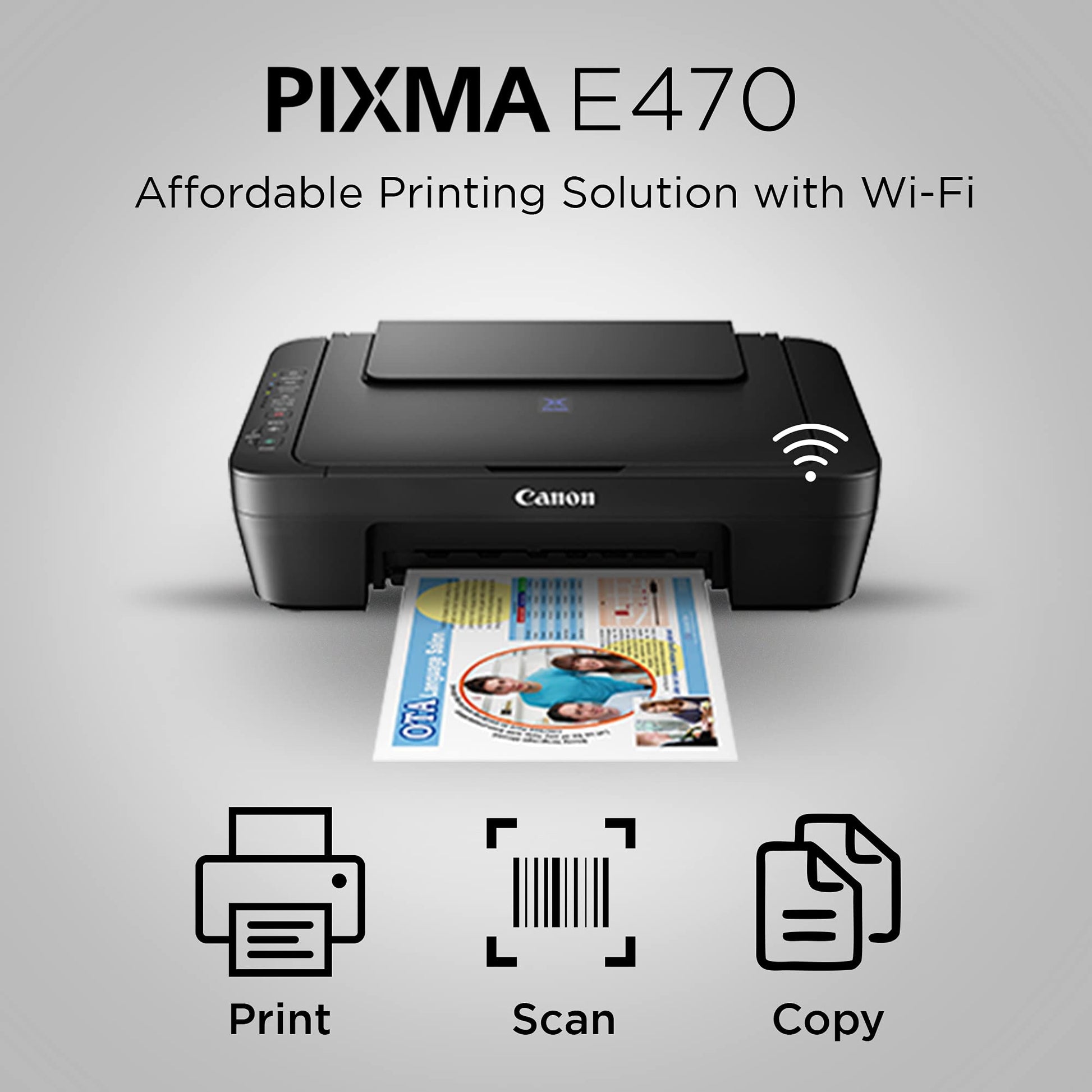 Canon PIXMA E470 All in One (Print, Scan, Copy) WiFi Ink Efficient Colour Printer for Home 