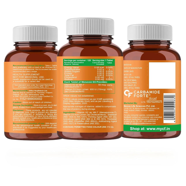 Carbamide Forte Vitamin D3 K2 | Vitamin D3 K2 Supplement for Bone & Heart Health | Vitamin D tablets with Vitamin K2 MK7 | Premium Vitamin D3 supplement with K2 for Wellness -120 Veg Tablets 