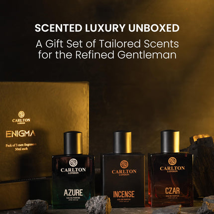 Carlton London Premium Enigma Perfume Gift Set | Long-Lasting Spicy, Woody & Citrusy Fragrances | gifts for men | Azure, Incense & Czar EDP (3x50ml) 