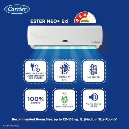 Carrier 1.5 Ton 3 Star AI Flexicool Inverter Split AC (Copper, Convertible 6-in-1 Cooling,High Density Filter, Auto Cleanser, 2024 Model,ESTER NEO Exi+, CAI18ER3R34F0,White) 