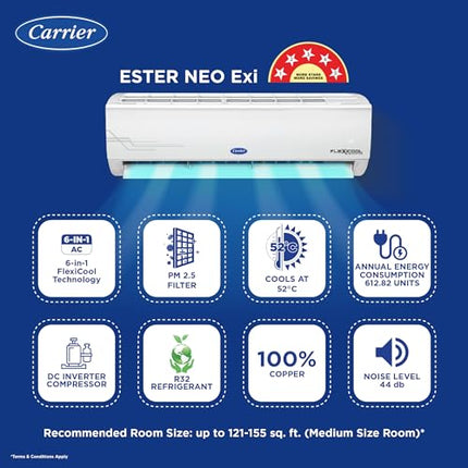 Carrier 1 Ton 5 Star AI Flexicool Inverter Split AC (Copper, Convertible 6-in-1 Cooling,Dual Filtration with HD & PM 2.5 Filter, Auto Cleanser, ESTER Exi, CAI12ES5R34F0,White) 