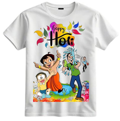 Celebrate Holi with Chota Bheem and Nobita Printed Unisex Half Sleeve Round Neck White Tshirts for Kids|White Polyotton Round Neck Kids Unisex Girls|Boys|Men Half Sleeve T-Shirt 