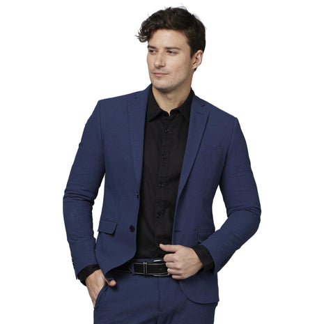 Celio Self Design Seer Sucker Navy Blue Long Sleeves Blazers 