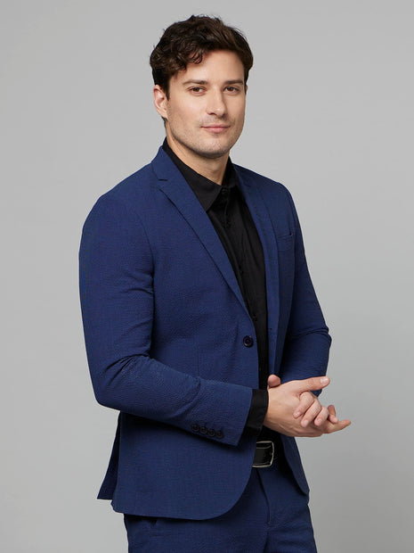 Celio Self Design Seer Sucker Navy Blue Long Sleeves Blazers 