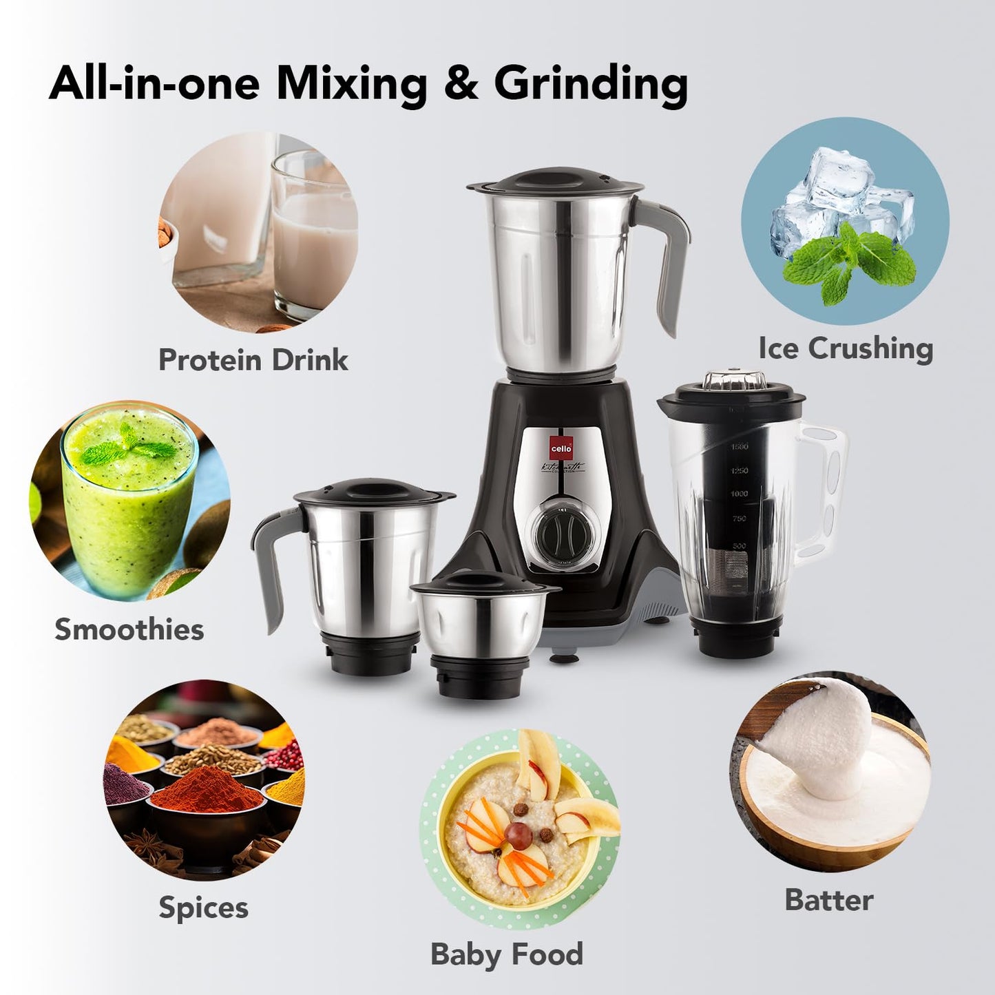 Cello Hercules Mixer Grinder 750W, Black- 2 Year Warranty (We Jar with Lid- 1.2 L; Dry Jar with Lid- 1L; Chuntney Jar with Lid- 500ml; Juicer Jar Capacity- 1500ml; Spatula) 