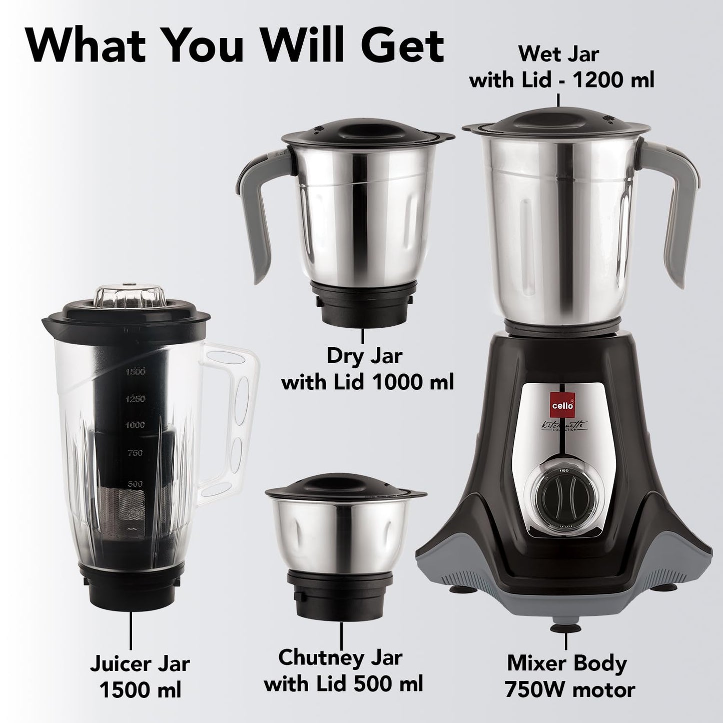 Cello Hercules Mixer Grinder 750W, Black- 2 Year Warranty (We Jar with Lid- 1.2 L; Dry Jar with Lid- 1L; Chuntney Jar with Lid- 500ml; Juicer Jar Capacity- 1500ml; Spatula) 