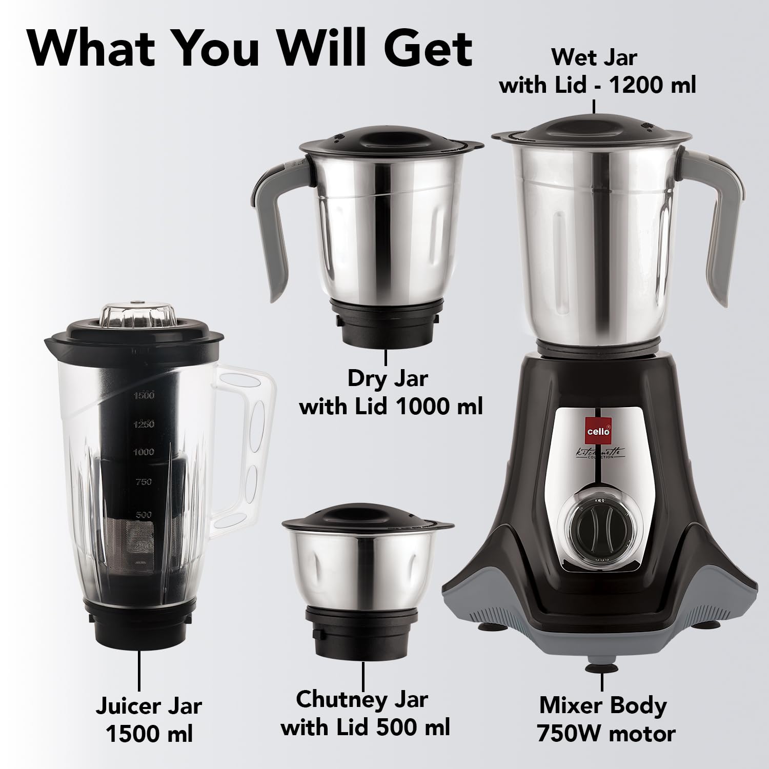 Cello Hercules Mixer Grinder 750W, Black- 2 Year Warranty (We Jar with Lid- 1.2 L; Dry Jar with Lid- 1L; Chuntney Jar with Lid- 500ml; Juicer Jar Capacity- 1500ml; Spatula) 