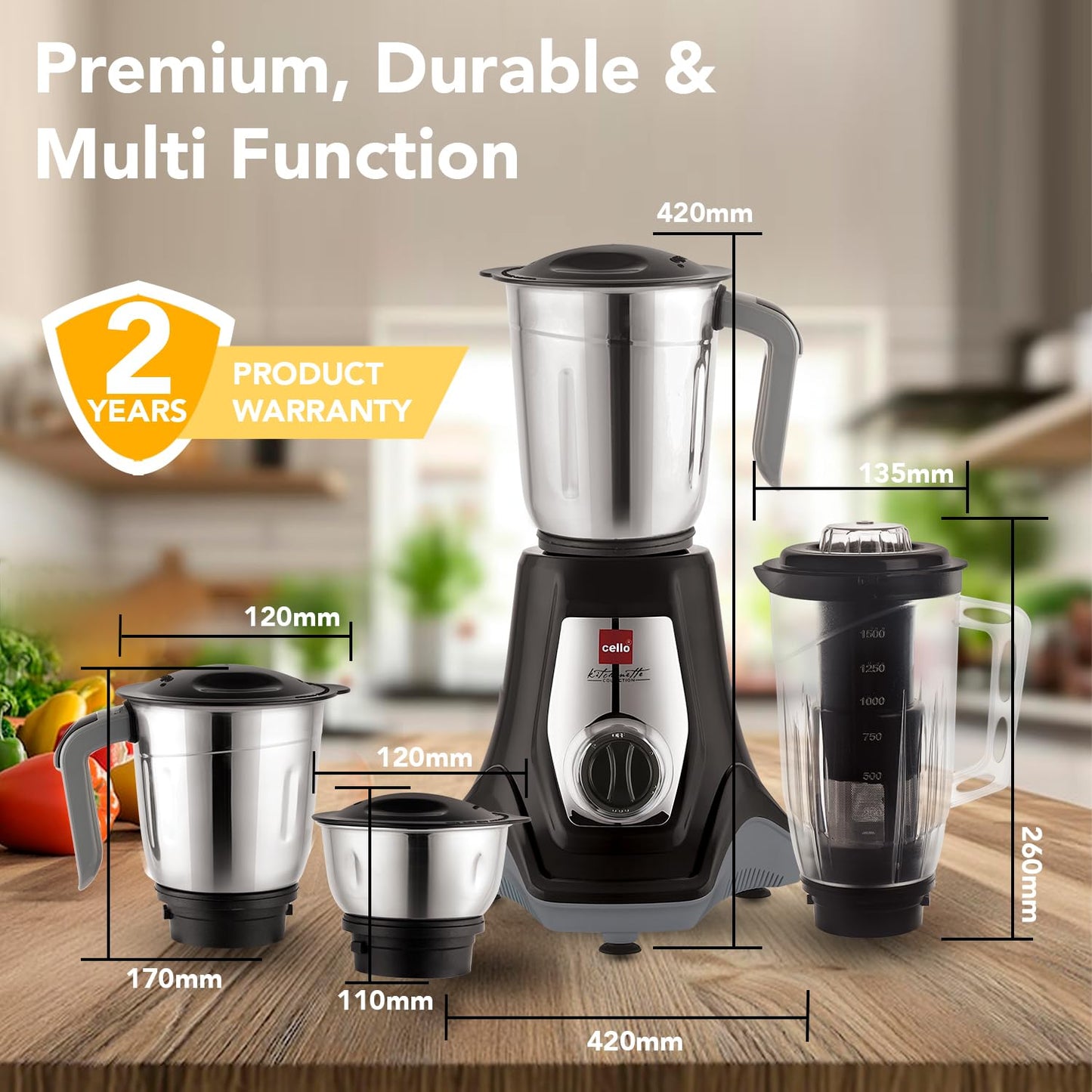 Cello Hercules Mixer Grinder 750W, Black- 2 Year Warranty (We Jar with Lid- 1.2 L; Dry Jar with Lid- 1L; Chuntney Jar with Lid- 500ml; Juicer Jar Capacity- 1500ml; Spatula) 